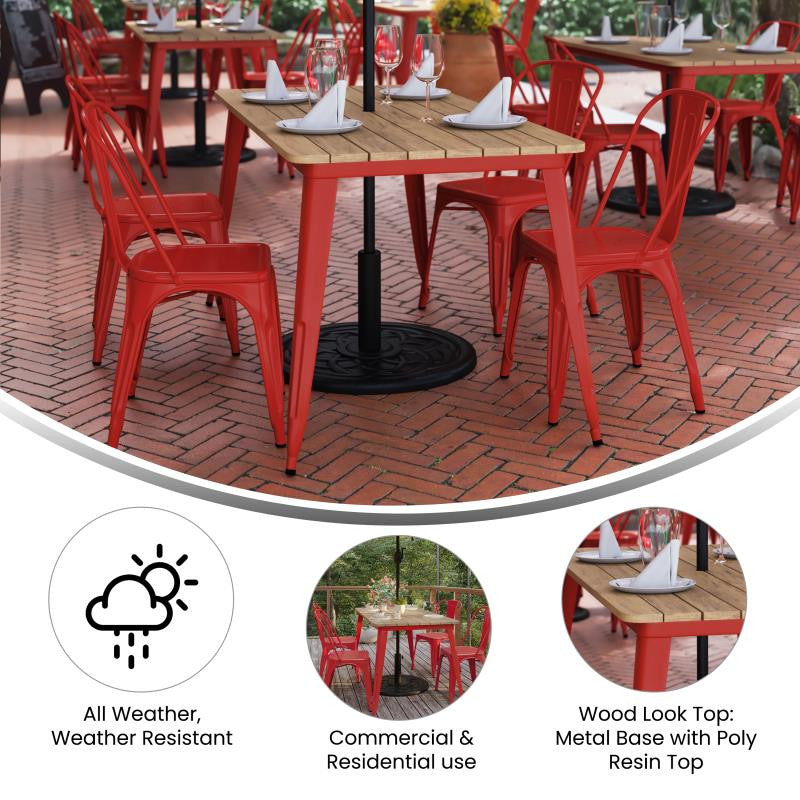 Declan Commercial Indoor/Outdoor Dining Table with Umbrella Hole, 30" x 60", Brown/Red