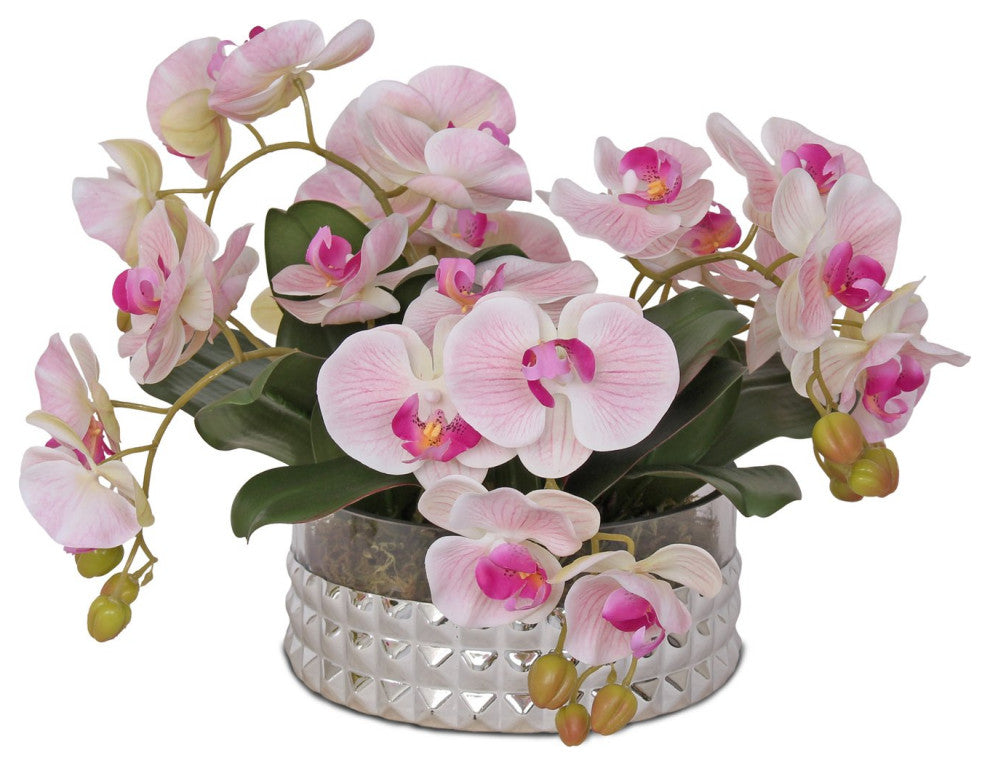 Real Touch Pink Orchid Flower Arrangement, Silver Glass Round Bowl