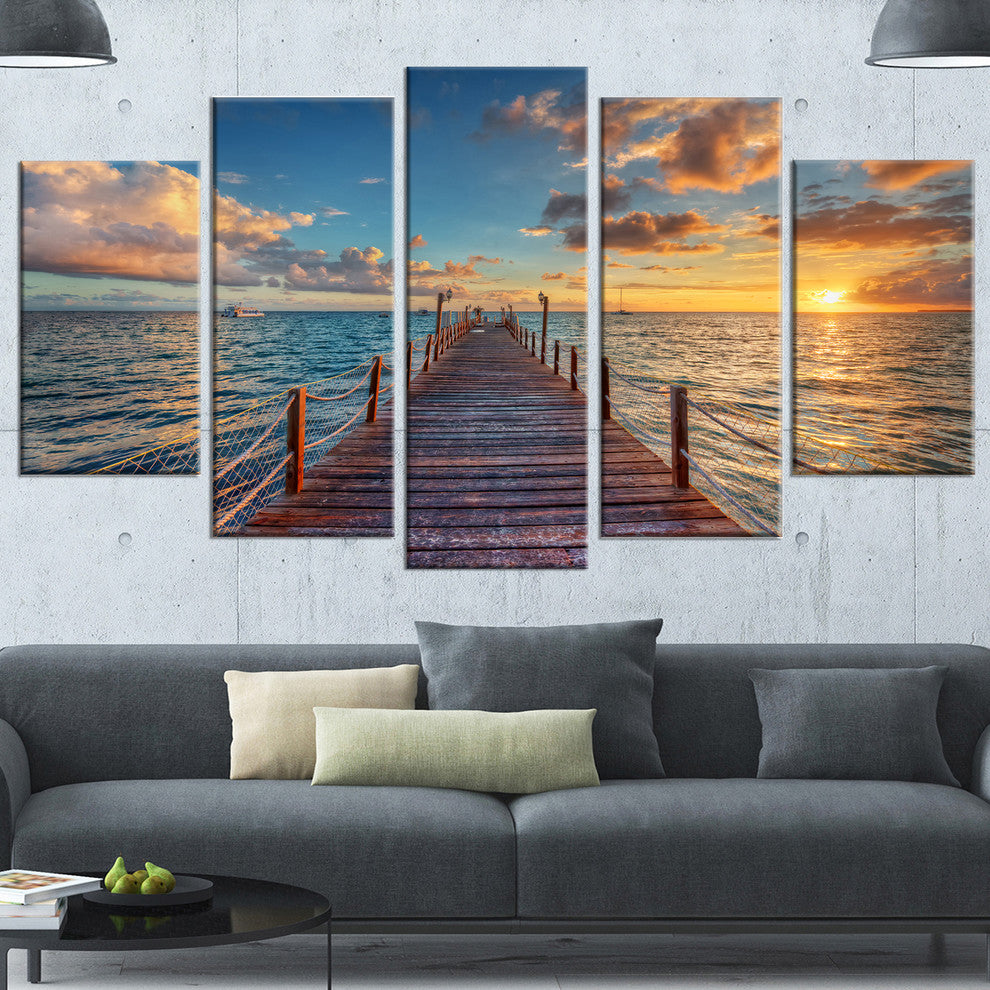 Brilliant Sunrise over Sea Pier, Large Modern Canvas Print, 60"x32", 5 Panels