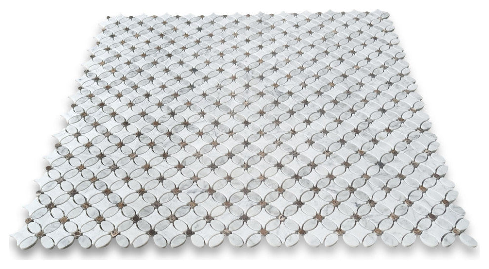 Carrara White Marble Chateau Flower Mosaic Tile Emperador Brown Dots, 1 Sheet