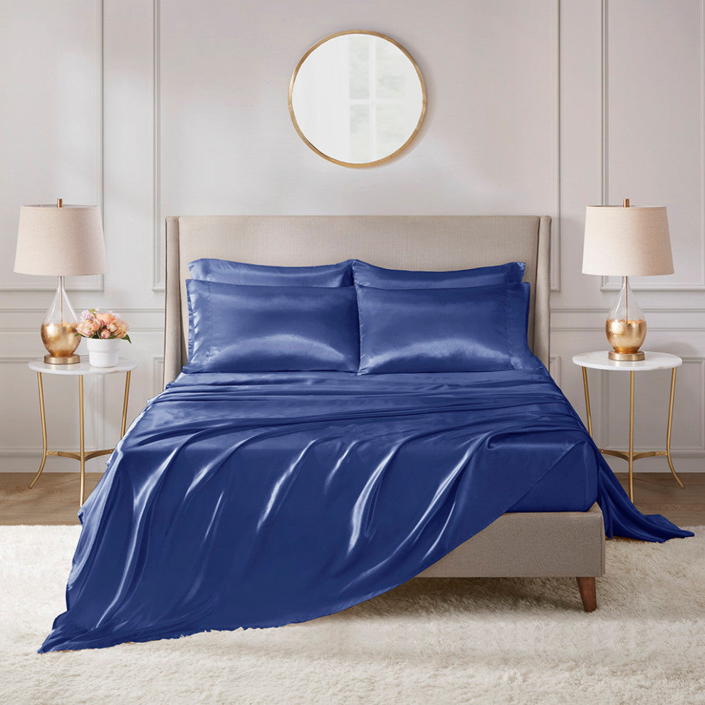 Madison Park Essentials Satin Luxury 6 PC Sheet Set, Navy