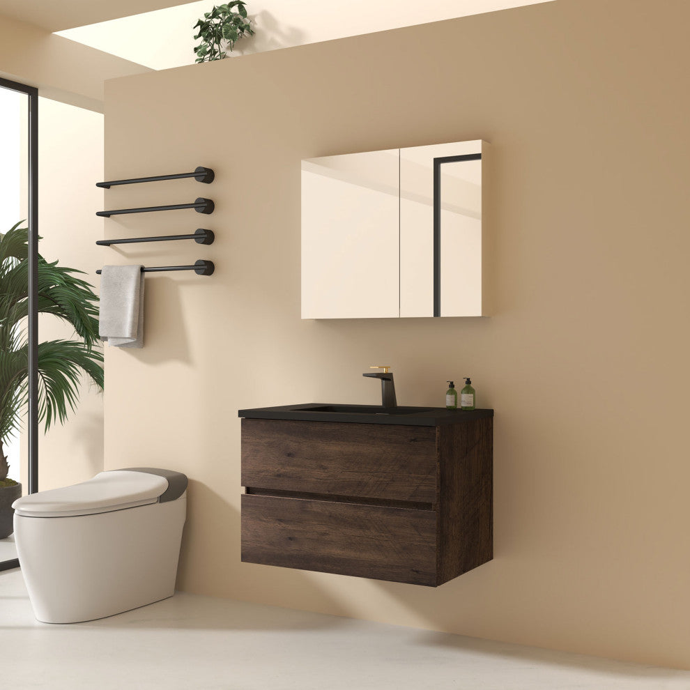 ConceptBaths Edith Wall Mount Bathroom Vanity With Black Top, Rose Wood, 30"