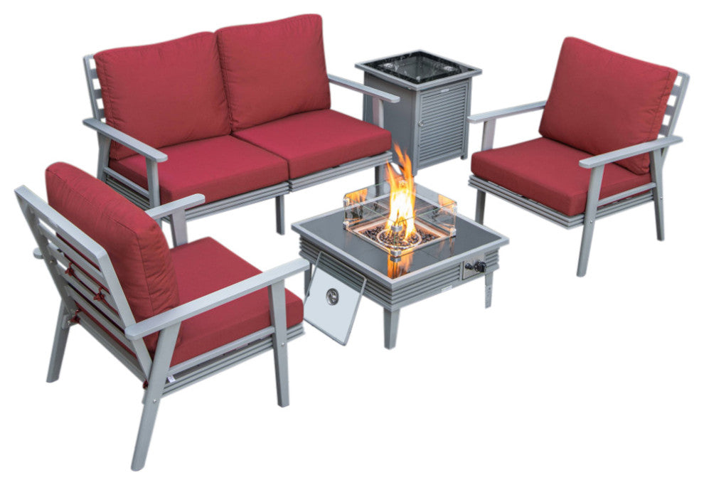 LeisureMod Walbrooke Gray Patio Conversation Set With Fire Pit, Red