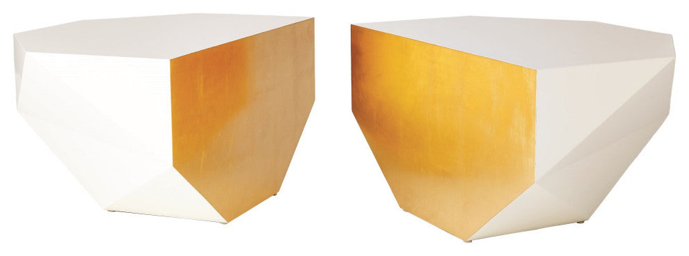 Luxe Ivory White and Gold Broken Gem Faceted Coffee Table 2 Piece Set Oval