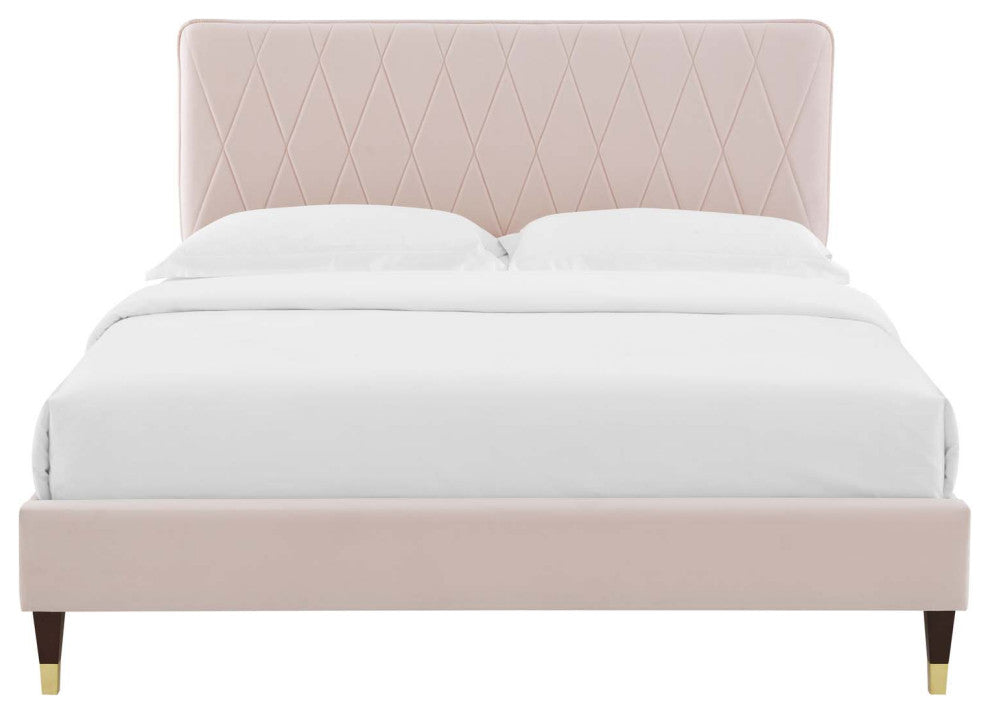 Platform Bed Frame, Full Size, Velvet, Pink, Modern Contemporary, Bedroom Master