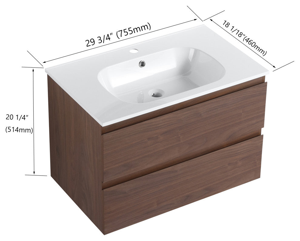 Wall-Mounted Plywood Bathroom Vanity Set in Light Oak with Integrated Gel Sink, Brown Oak, 30" X 18" X 20"
