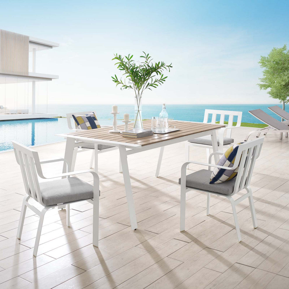 Side Dining Chair and Table Set, Aluminum, Metal, White Gray, Outdoor