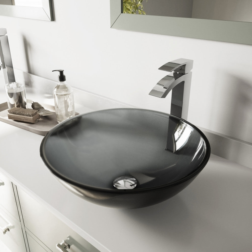 VIGO Sheer Black Glass Vessel Sink and Faucet Set, Black