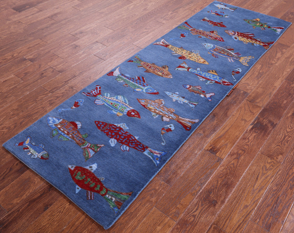 Runner Gabbeh Fish Design Handmade Wool Rug 2' 7" X 8' 0" - Q15518