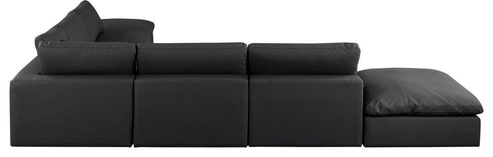 Comfy Upholstered L-Shaped Modular Sectional, Black, 7-Piece: 4 Armless Chair, 1 Corner Chair, 2 Ottoman, Vegan Leather