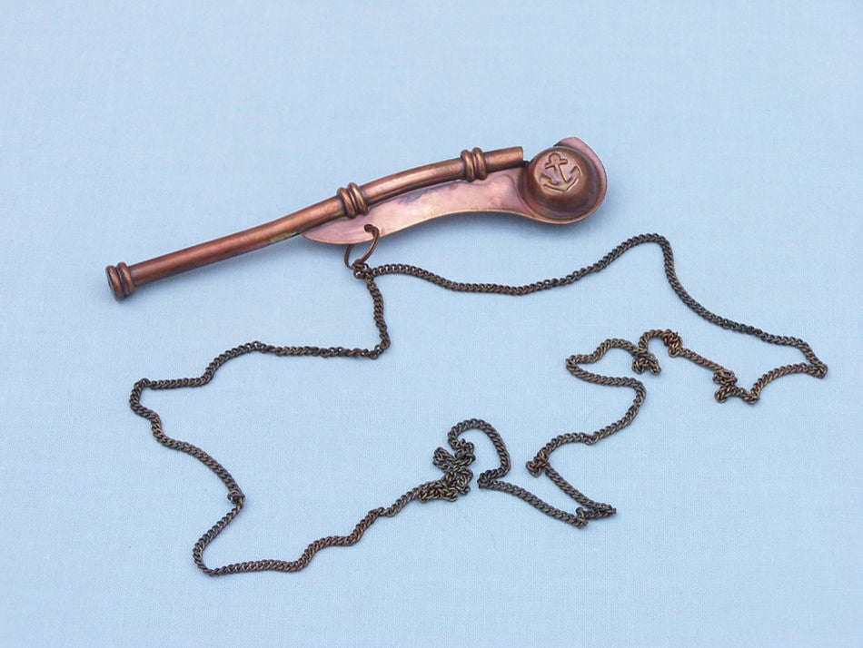 Boatswain (Bosun) Whistle With Rosewood Box, Antique Copper, 5"
