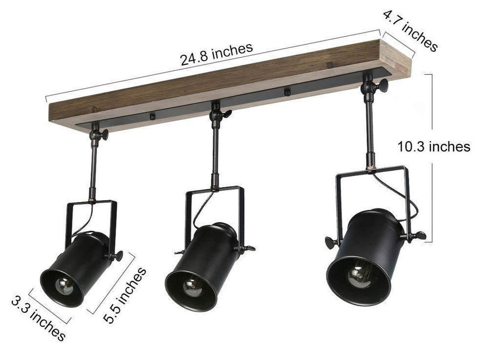 Industrial 3-Light Wood Close to Ceiling Track Lighting Spotlights, Black
