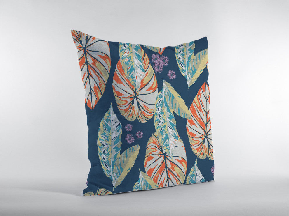 16" Orange Blue Tropical Leaf Zippered Suede Throw Pillow
