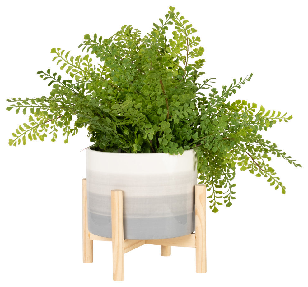 8" Ceramic Planter With Wood Stand, Beige Mix