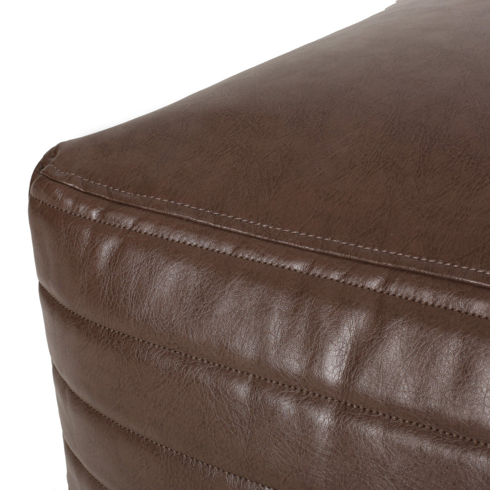 Conrail Contemporary Faux Leather Channel Stitch Pouf, Brown, Square
