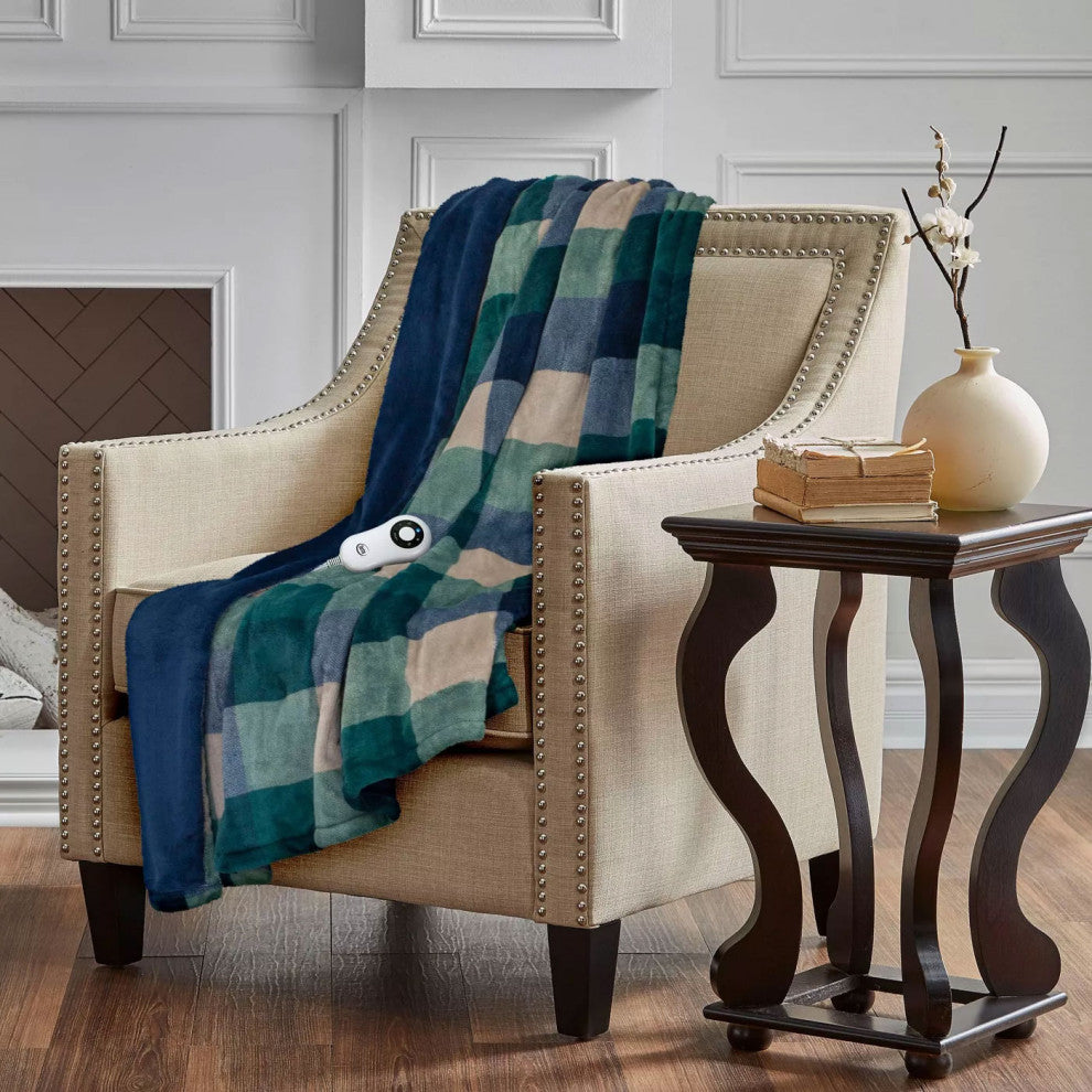 Serta Silky Plush Electric Heated Warming Throw Blanket Buffalo Check Green