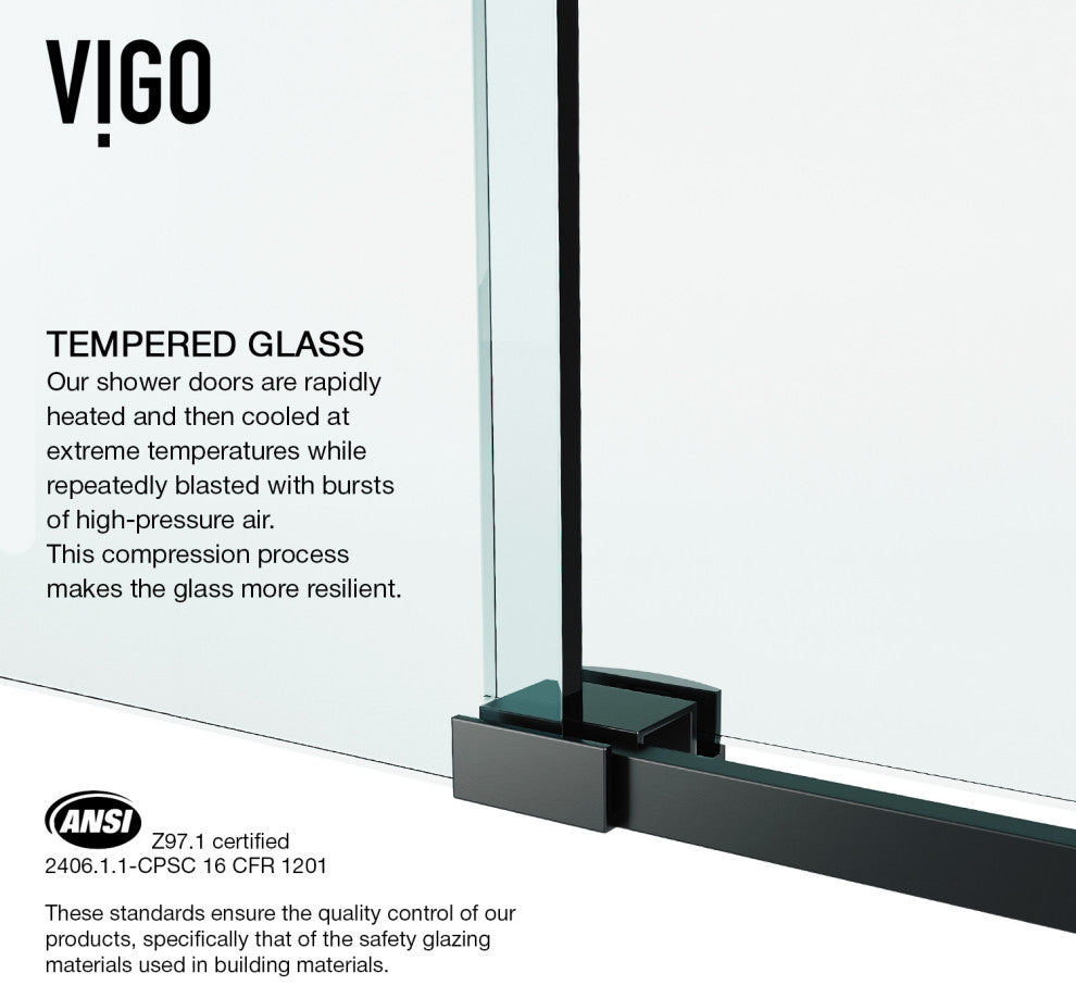 VIGO Luca 56" to 60" W x 79" H Frameless Sliding Shower Door, Matte Black, Clear Glass