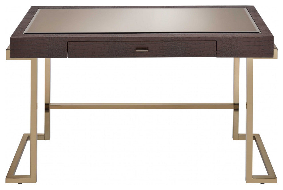 Brown Faux Leather and Light Gold Mirror Desk