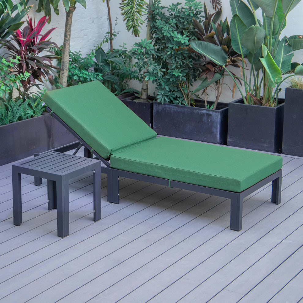 LeisureMod Chelsea Chaise Lounge Chair With Cushions & Side Table, Green