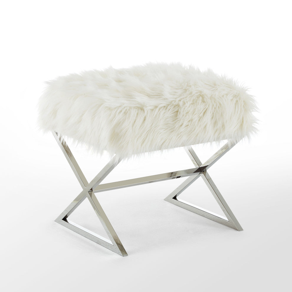 Oria Faux Fur X-Leg Chrome Base Ottoman, White/Chrome