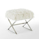 Oria Faux Fur X-Leg Chrome Base Ottoman, White/Chrome