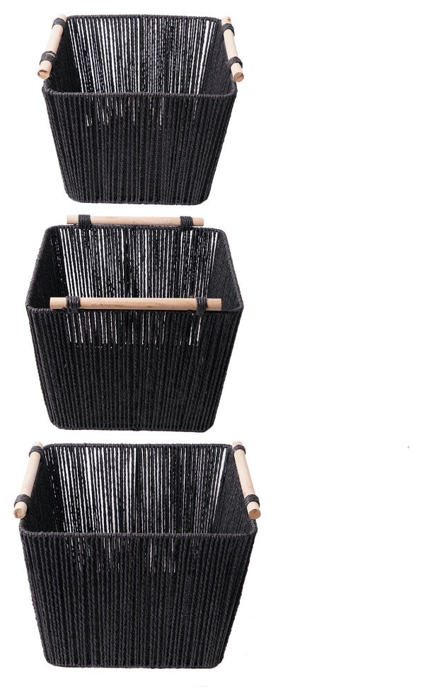 Boho Black Paper and Natural Rope Woven Storage Basket with Handles Set of 3