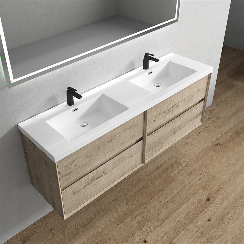 Ashley 72'' Floating Vanity, Acrylic Top, Double Sink, Light White Oak