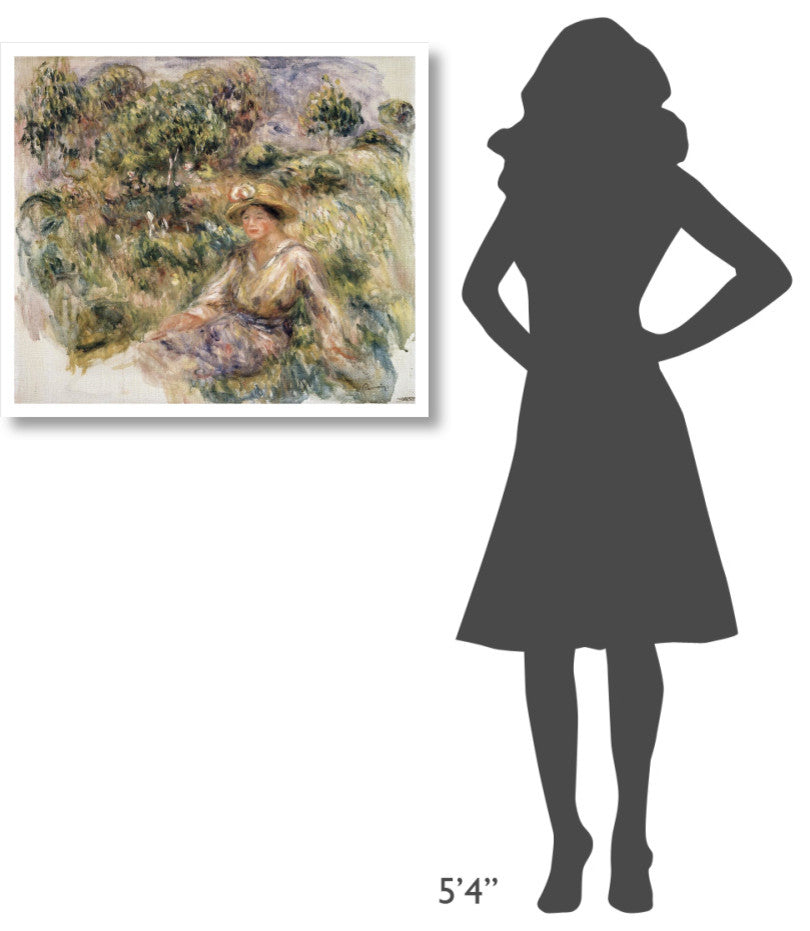 "Femme en bleu en chapeau assise sur l'herbe" Paper Art, 32"x28"
