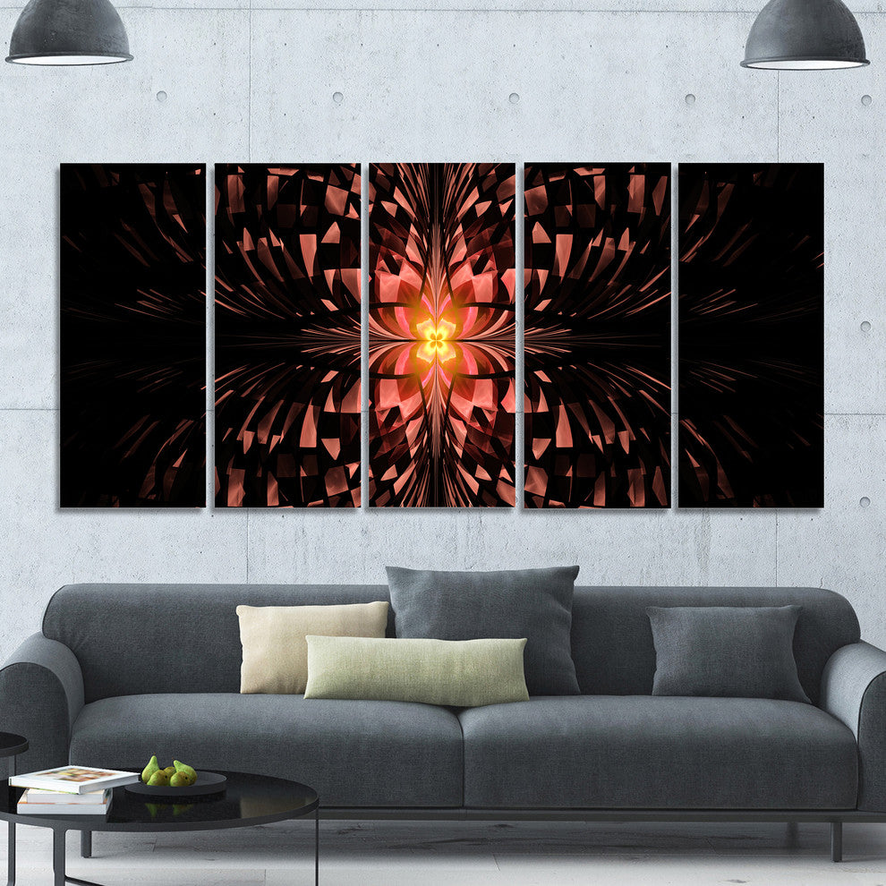 Brown Butterfly Pattern on Black, Abstract Art on Canvas, 60"x28", 5 Panels