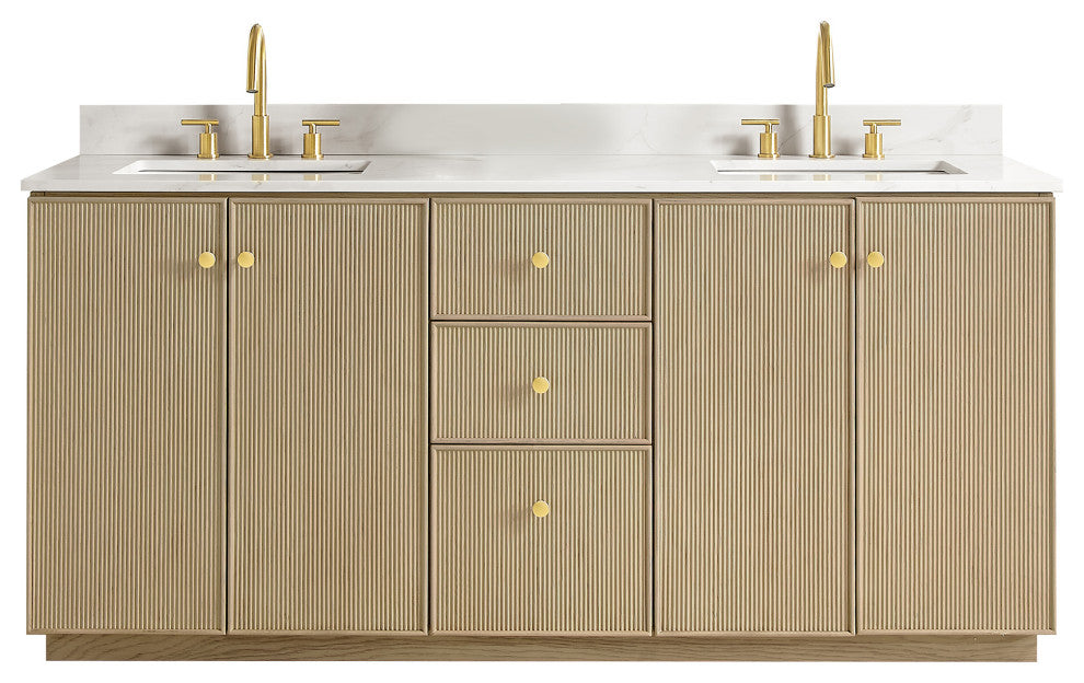 Oza Bath Vanity with Quartz Stone Top, Aged Natural Oak, 72", Double Vanity, No Mirror