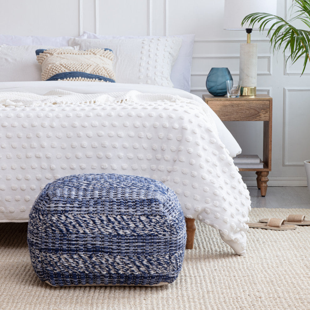 Navy Stripes 22" x 22" x 16" Navy and Ivory Pouf