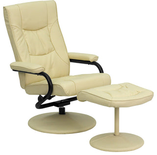 Multi-Position Recliner and Ottoman with Wrapped Base in Cream LeatherSoft