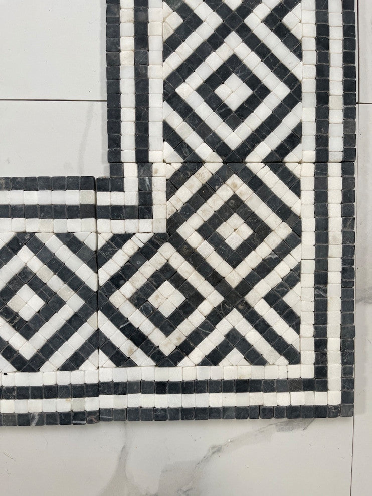 Guitam Black White 7.1x7.1 Marble Mosaic Border Corner Tile Tumbled, 1 piece