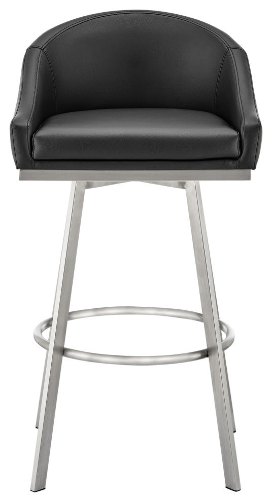 Noran Swivel Bar Stool, Brushed Stainless Steel With Black Faux Leather