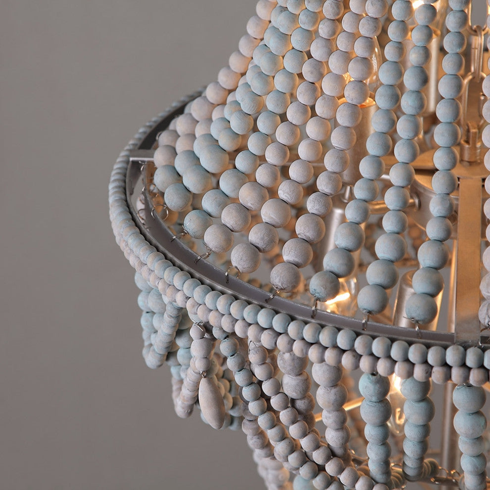 Katia Boho Wood Beaded Chandelier Empire Ceiling Light in Gray & Blue
