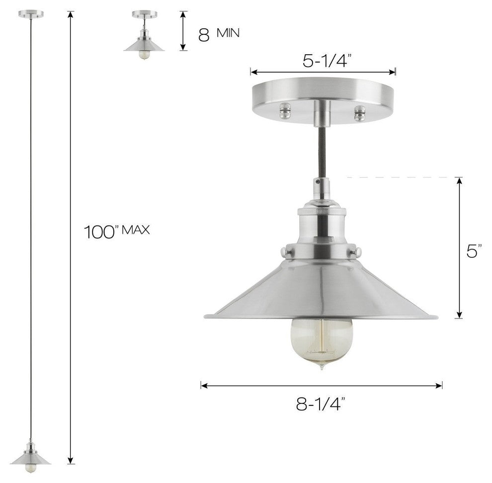 Andante Industrial Factory Pendant With LED Bulb, Brushed Nickel