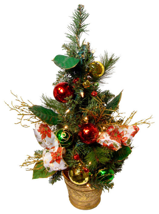 Poinsettia and Ball Ornament Pre-Lit Decorated Christmas Tree, Clear Lights, 2'