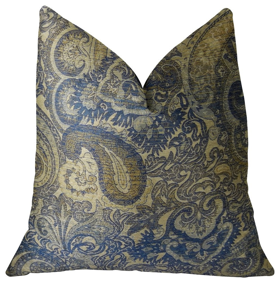 Myrtle Navy Blue and Taupe Handmade Luxury Pillow, 20"x20"