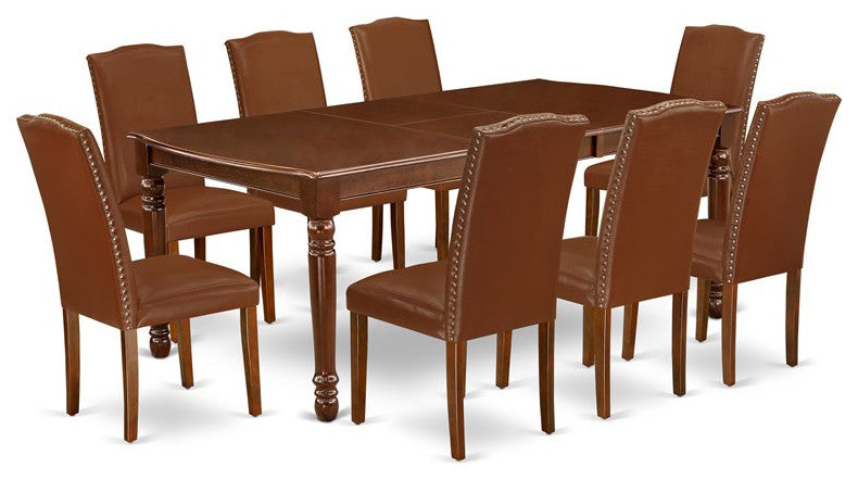 9-Piece 60/78" Table With 18" Leaf and 8 Parson Chair, Brown Flaux Leather