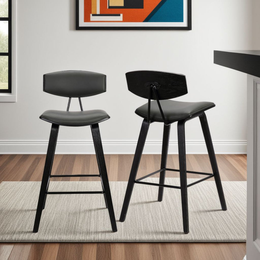 Fox 30" Mid-Century Bar Height Barstool in Grey Faux Leather with Black Brushed