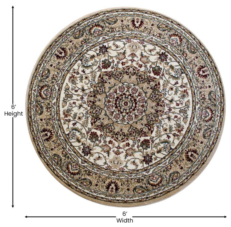 Mersin Collection Persian Style Area Rug - Olefin Rug with Jute Backing, Round Ivory - 5' X 5'