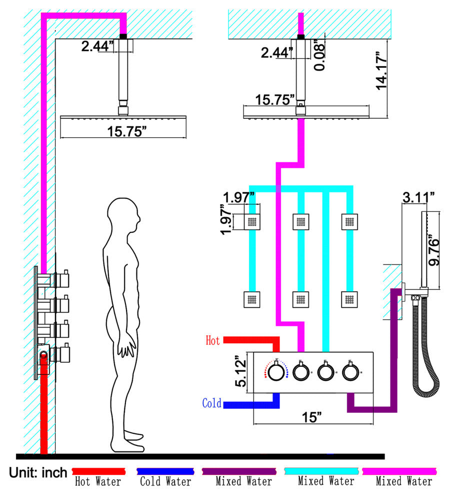 Thermostatic Rain Shower System with Hand Shower & Body Jets-Chrome