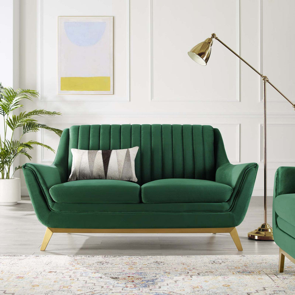 Tufted Loveseat Sofa, Velvet, Green, Modern, Living Lounge Hotel Hospitality