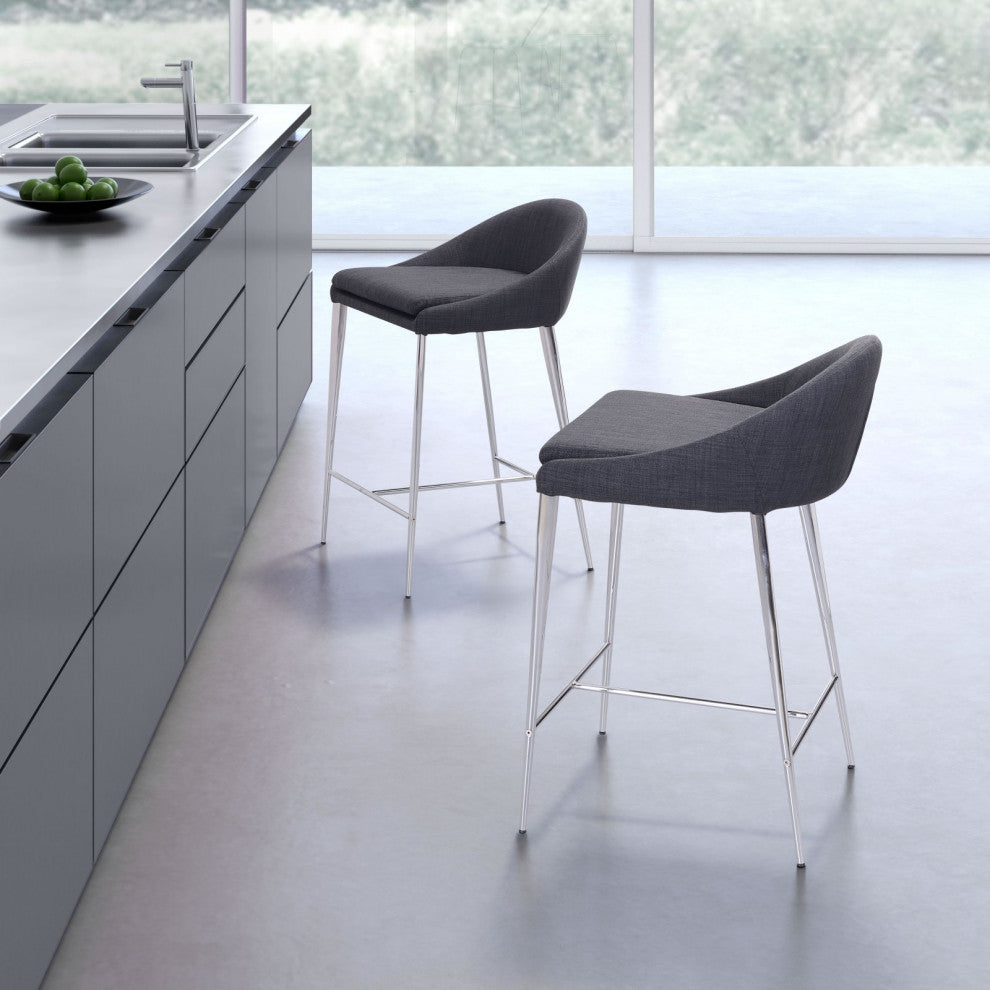Counter Stool Chair, Set of 2, Steel Metal, Fabric, Gray, Chrome
