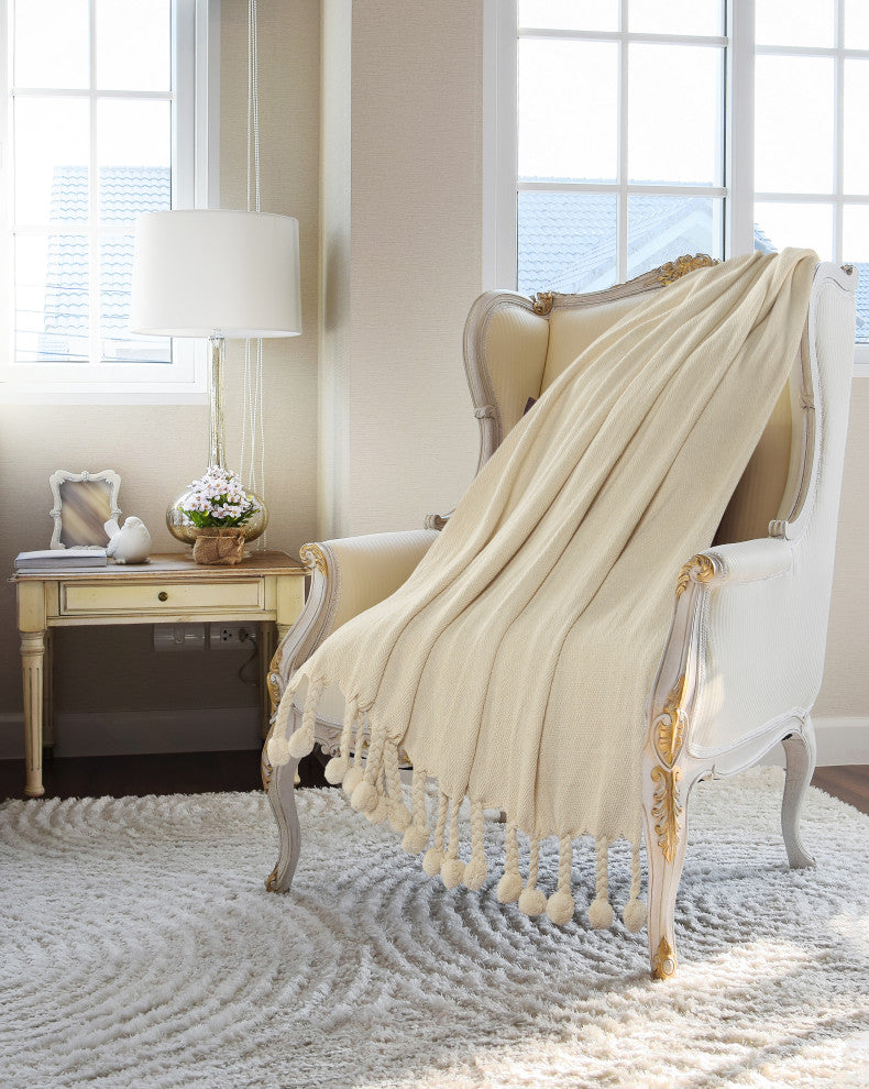 Cream Embroidered Chevron With Braided Fringe Throw Blanket