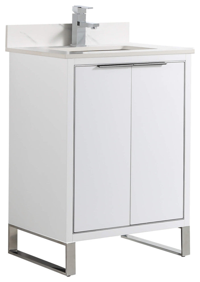 Opulence Bath Vanity, White Matte, 24", Chrome Hardware, White Carrara Top