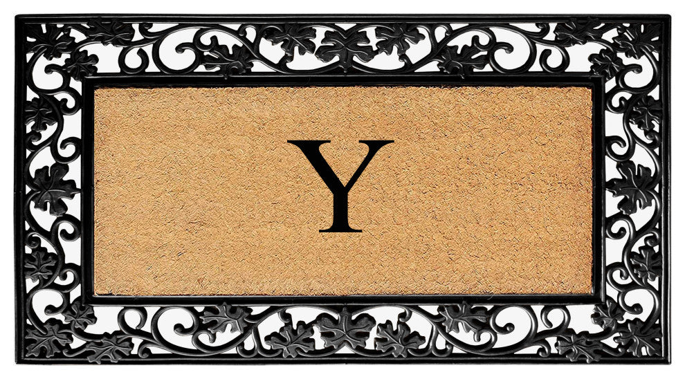 A1HC Floral Border Black 18x30 Rubber and Coir Heavy Duty Monogrammed Doormat, Y