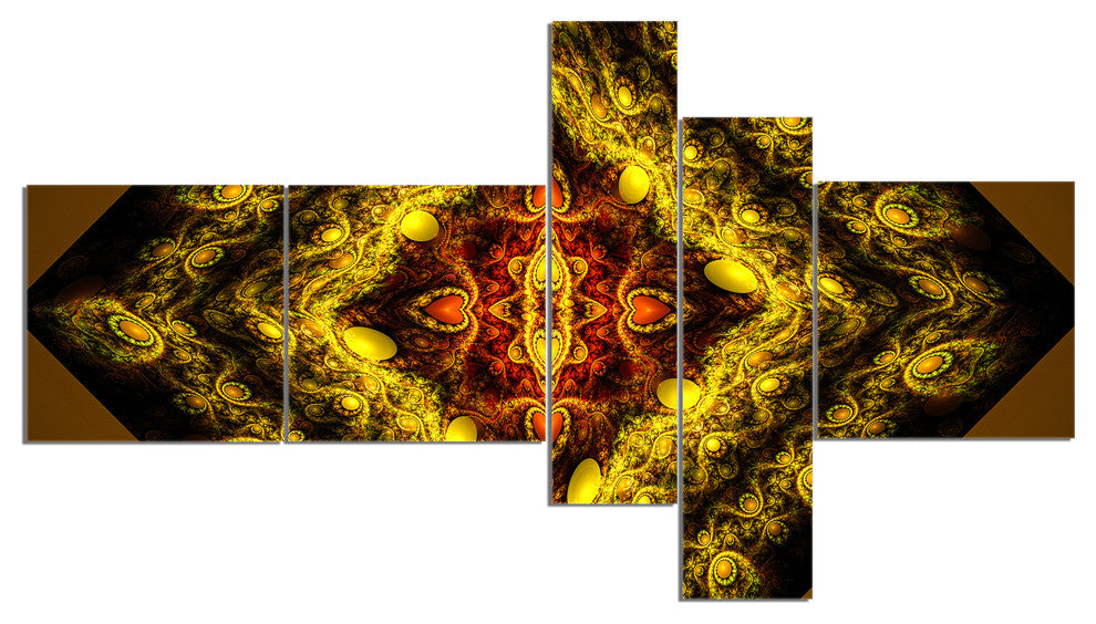 Cabalistic Yellow Fractal Design, Abstract Wall Art Canvas, 60"x32", 5 panels