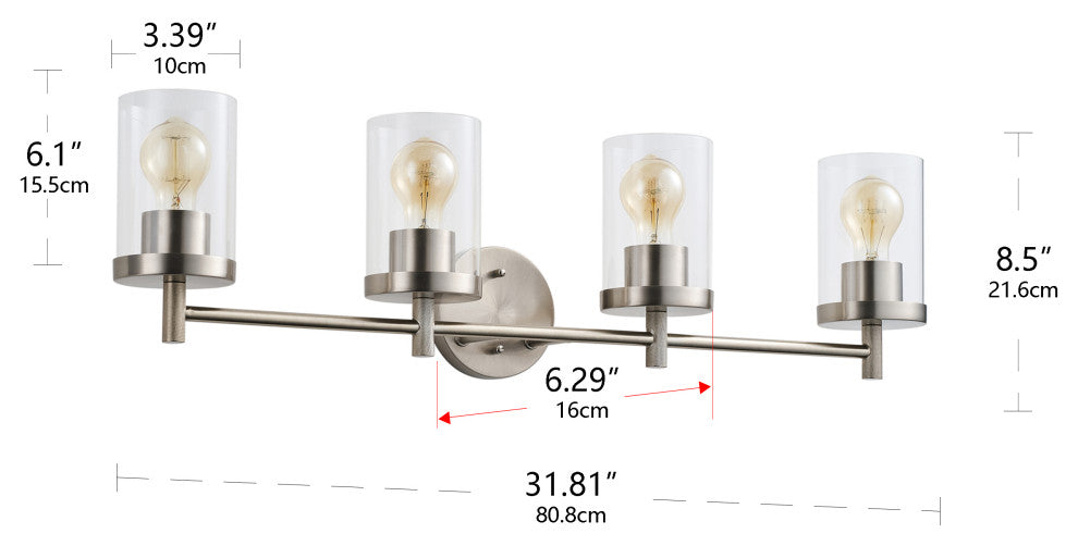 Brushed Nickel 4-Light Bathroom Vanity Lighting Fixture for with Glass Shade