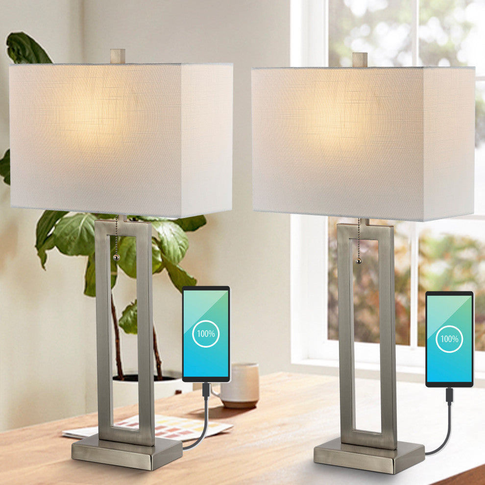 Sabrina 28.5" Iron LED Table Lamp With USB Charging Port, Nickel, Set of 2